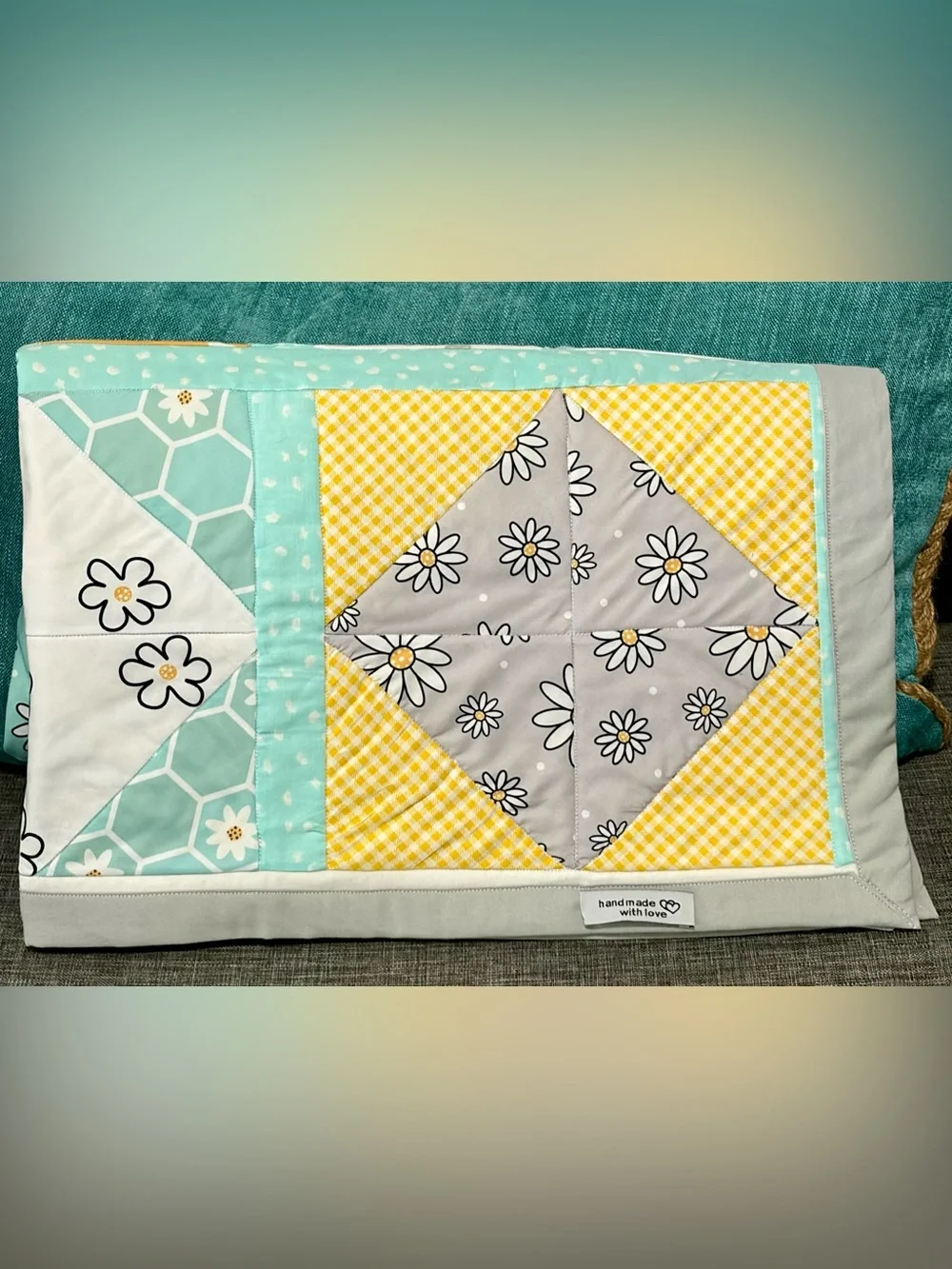 Aqua & Mustard Patchwork Baby Quilt by